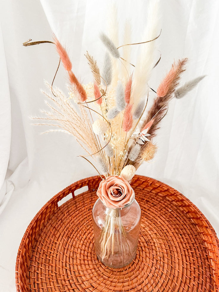 Glass Vase with dried flowers pink bunny tails greyy pampas and white dried bloom perfect gift for her 