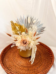 Dried flowers in gold pot great everlasting flowers for delivery or collection preserved roses and palm leaves 